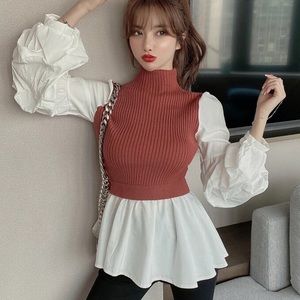 Blouse Lantern Sleeve Patchwork top Fashion Sexy Orange White